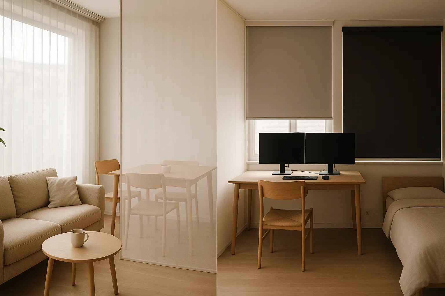 Design mit Licht und Transparenz: Rollos für diffuses Tageslicht, Blendungsreduktion und konsequente Verdunkelung Innenarchitektur Licht und Transparenz, transparente halbtransparente Dimout und Blackout Rollos, blendfreies Arbeiten, diffuses Tageslicht, Privatsphäre, Raumwirkung, modernes Fensterdesign