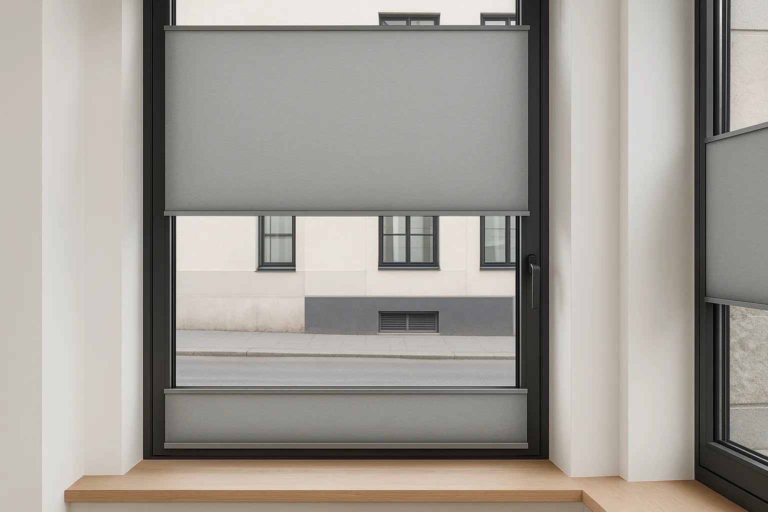 Hardware & Details: schlanke Profile, ergonomische Griffe und Top-Down/Bottom-Up Sichtschutz im modernen Interieur modernes Fenster mit Top-Down/Bottom-Up Sichtschutz, schlanke Profile, flacher ergonomischer Griff, reduzierte Beschläge, industrielle schwarze Rahmen, Balance aus Privatsphäre und Ausblick