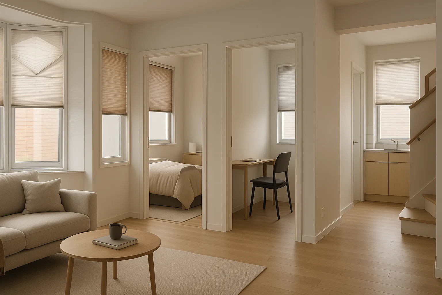 Plissee Lösungen für Wohnräume – Design, Farben und Stile mit durchgängiger Materiallogik Plissee Lösungen für Wohnzimmer Schlafzimmer Home-Office Küche Bad Flur und Erker, halbtransparent dimout blackout, warme Neutrals Greige Champagner Sand, feuchtigkeitsresistente Stoffe, Ton-in-Ton, Lichtlenkung, präzise Linienführung, durchgängige Farb- und Materiallogik in der Wohnung