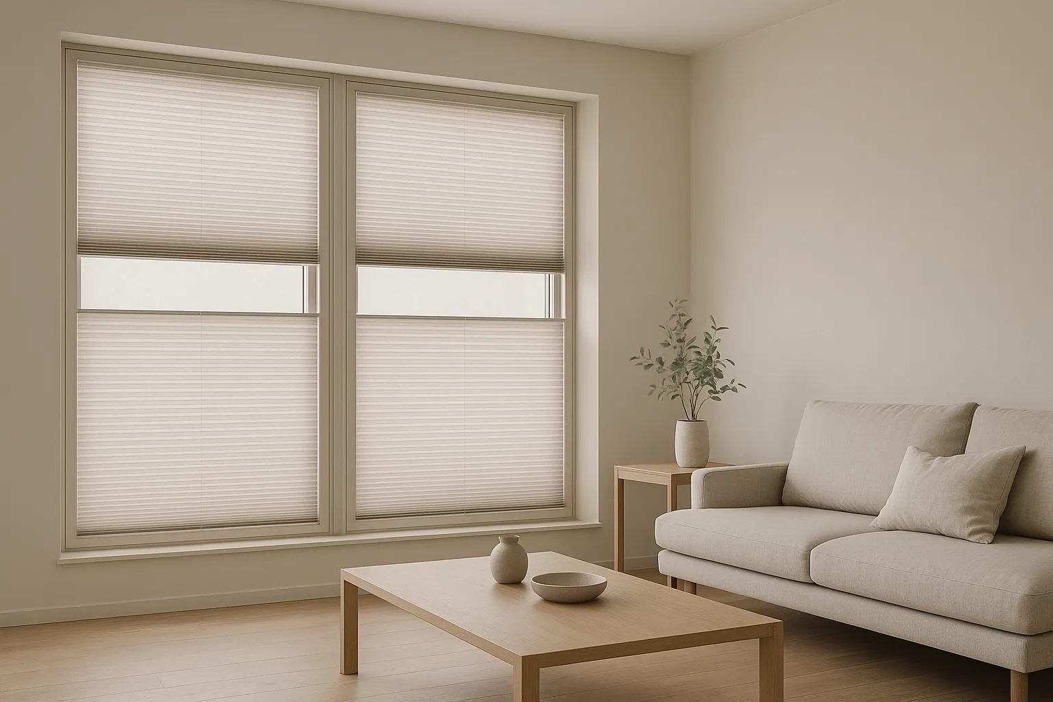 Plissee Design – Farben und Stile mit Ton-in-Ton, neutralen Paletten, Japandi Minimal und Top-Down Bottom-Up Plissee Ton-in-Ton im Wohnzimmer mit neutralen Farben in Off-White, Sand und Greige, Japandi Minimal Design, halbtransparente Wabenplissees mit Top-Down Bottom-Up, schlanke Profile, Eichenboden, präzise Linienführung und weiches Nordlicht