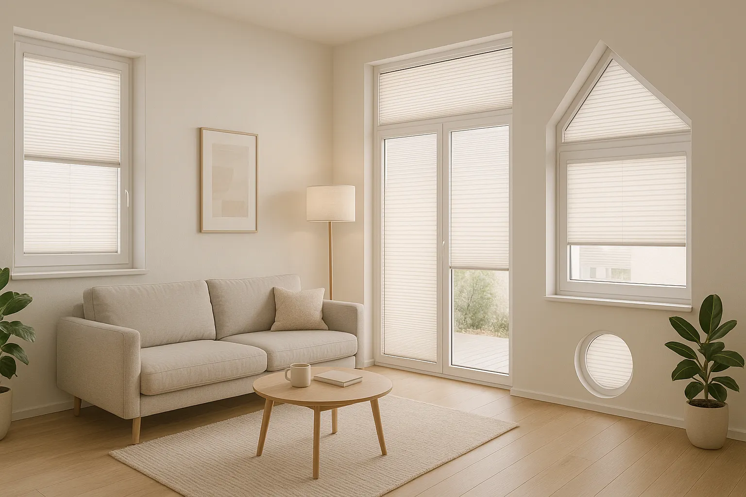 Plissee-Lösungen Wohnräume – Montagearten und Fensterkompatibilität: verschraubt, Klemmträger, Klebemontage, Sonderformen für bodentiefe Fenster, Dachfenster und Rundfenster Plissee-Lösungen für Wohnräume mit verschraubter Montage im Rahmen, Klemmträgern und Klebemontage auf Glasleiste sowie maßgefertigten Sonderformen für bodentiefe Fenster, Dachfenster, Dreiecke, Trapeze und Rundfenster; sauberes Faltenbild, exakte Führung, Sicht- und Sonnenschutz, Berücksichtigung von Blendrahmentiefe und Glasleisten