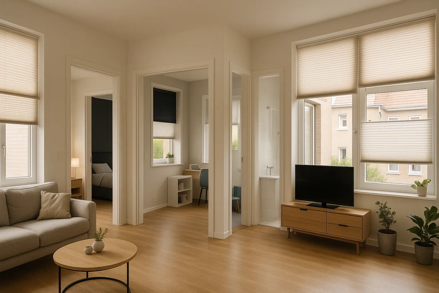 Plissee-Lösungen für Wohnräume – raumspezifische Planung für Wohnzimmer, Schlafzimmer, Küche, Bad, Homeoffice und Kinderzimmer Plissee-Lösungen für Wohnräume mit transluzenten Plissees im Wohnzimmer, Blackout-Wabenplissees im Schlafzimmer mit seitlicher Führung, feuchtraumgeeigneten Plissees in Küche und Bad, Top-Down/Bottom-Up im Homeoffice für blendfreies Arbeiten sowie kindersicheren, schnurlosen Plissees im Kinderzimmer