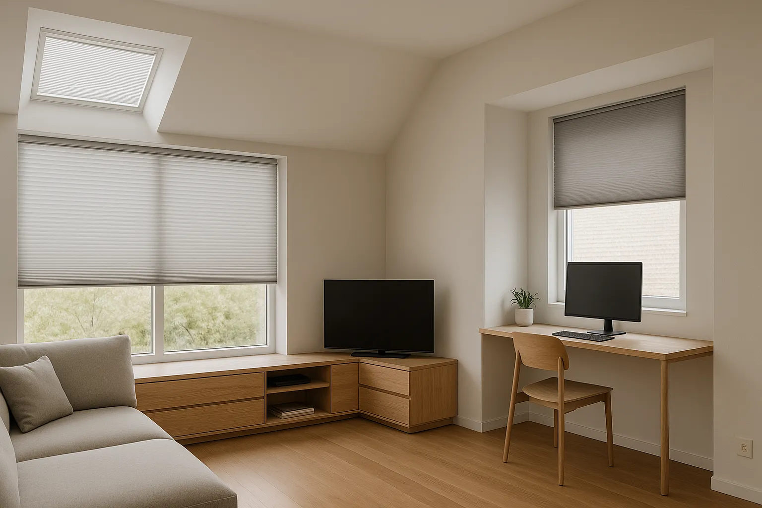 Plissee Lösungen für Wohnräume – Lichtregulierung, Sichtschutz, Wabenplissee und Dimout im Wohnzimmer mit Homeoffice Plissee Lösungen für Wohnräume mit Wabenplissee, Top-Down/Bottom-Up, Dimout am Schreibtisch, Sichtschutz und Tageslichtsteuerung im modernen Wohnzimmer