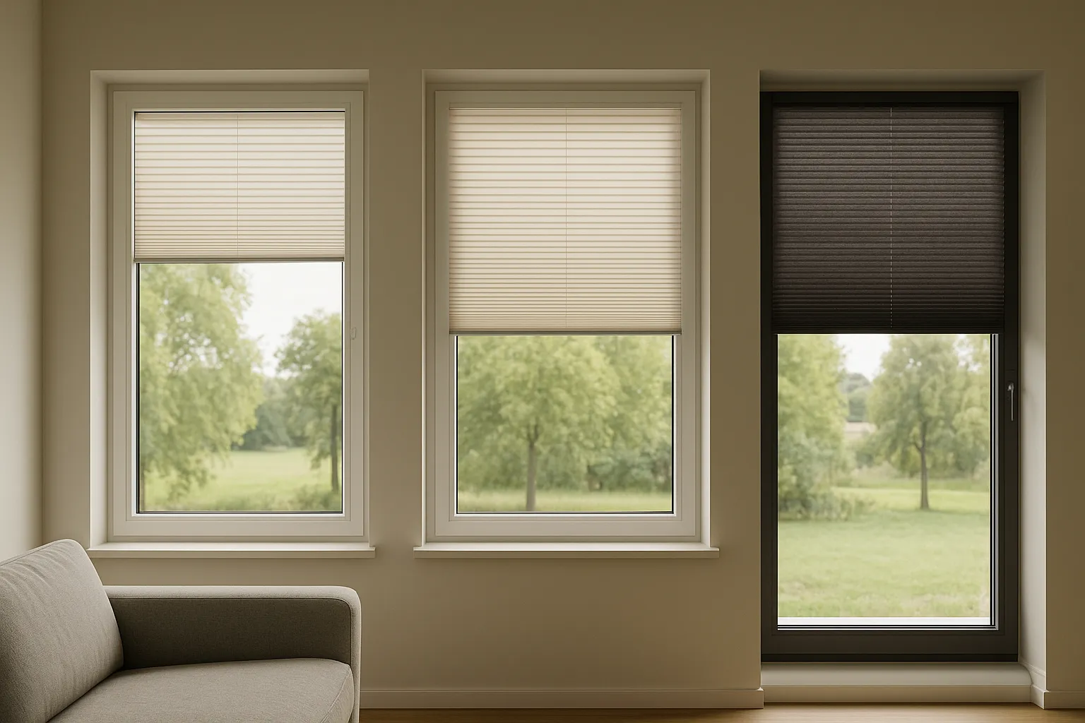 Plissee Montage und Proportion – Geometrie, Linienführung und Farbwirkung an nebeneinanderliegenden Fenstern Plissee-Montage an Fensterwand mit Laibungs- und Rahmenmontage, exakte Ausrichtung der Schienen, gleichmäßige Faltentiefe, helle und dunkle Profile für gezielte Farb- und Raumwirkung
