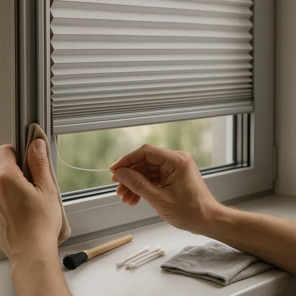 Plissee richtig pflegen: Führungsschienen reinigen, Schnüre prüfen, Griffleiste säubern Plissee Pflege und Reinigung am Fenster: Führungsschienen trocken reinigen, Schnurführung prüfen, Griffleiste säubern, staubfreie Mechanik
