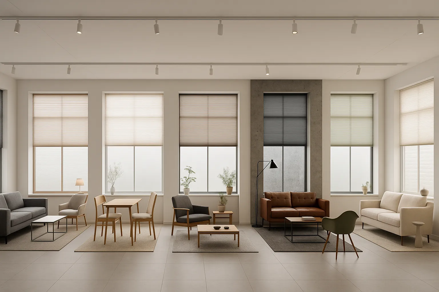 Plissee Designfarben und Stilrichtungen – Farb- und Materialstimmungen für Minimal, Scandi, Japandi, Industrial, Mid-Century und klassisch zeitlos Plissee Stilbibliothek mit sechs Interieur-Vignetten: Minimal, Scandi, Japandi, Industrial, Mid-Century und klassisch zeitlos; unterschiedliche Farbpaletten, Stoffstrukturen und Profilfinishes an großen Fenstern