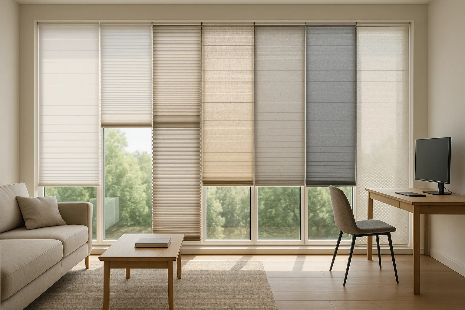 Stoffarten und Lichtdurchlässigkeit – Plissee mit Beschichtungen, Materialien und Struktur im Vergleich Plissee Stoffarten am Fenster mit Perlmutt- und Aluminium-Beschichtung, Thermo-Stoff, Wabenplissee, Leinen, recyceltem Polyester und Mikroperforation im Vergleich von Lichtdurchlässigkeit und Wärmeschutz
