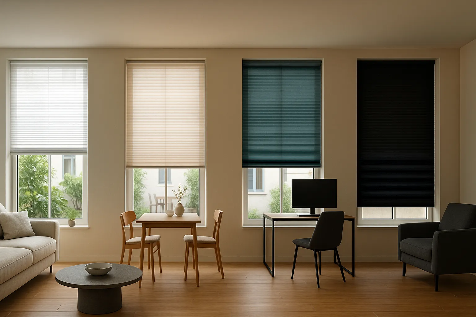 Stoffarten und Lichtdurchlässigkeit von Plissee – transparent bis blackout Plissee Stoffarten im Vergleich an vier Fenstern: transparent, halbtransparent, dim-out und blackout mit unterschiedlichen Stufen der Lichtdurchlässigkeit, Sichtschutz, Tageslicht und Verdunkelung in Wohnbereich, Home-Office und Schlafzone