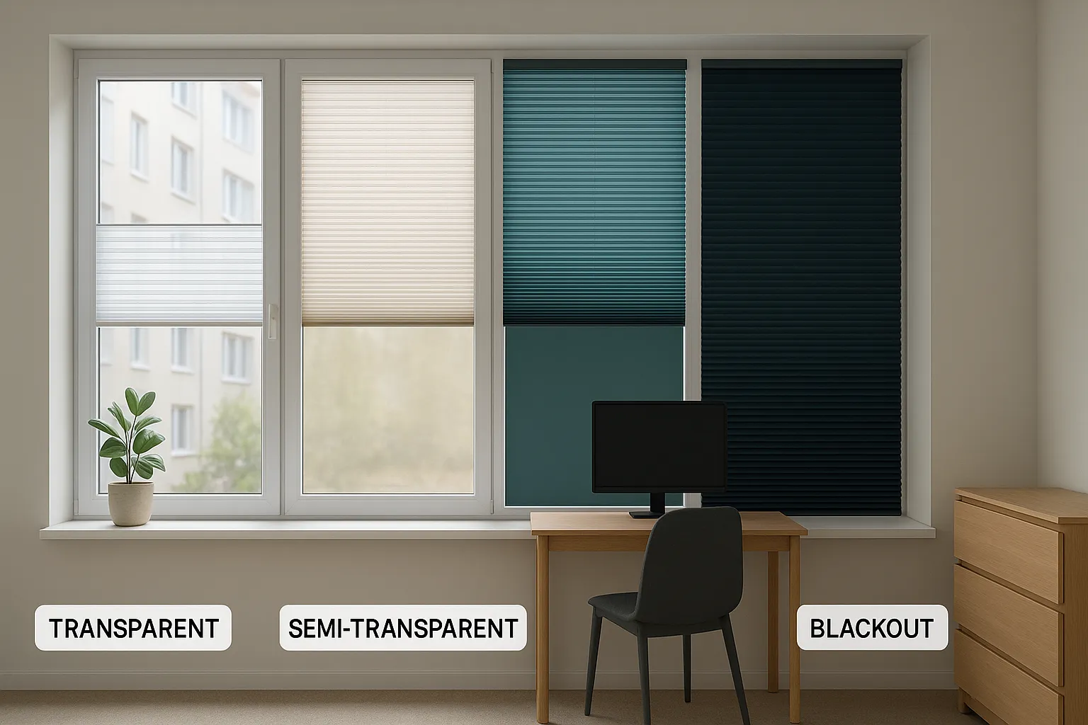 Plissee Stoffarten Vergleich – Lichtdurchlässigkeit: transparent, halbtransparent, dim-out, blackout Plissee Stoffarten Vergleich: transparent, halbtransparent, dim-out, blackout am Fenster, Lichtdurchlässigkeit, Privatsphäre, Tageslicht