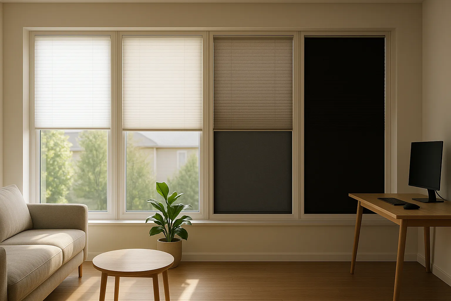 Plissee Stoffarten und Lichtdurchlässigkeit – transparent, halbtransparent, dim-out, blackout für Sichtschutz und Raumhelligkeit Vergleich Plissee Stoffarten Lichtdurchlässigkeit transparent halbtransparent dim-out blackout am Fenster im Wohnraum mit Tageslicht und Sichtschutz