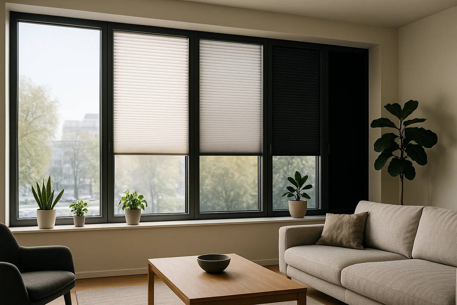 Plissee Stoffarten Lichtdurchlässigkeit Vergleich Transparent Halbtransparent Dim-out Blackout Plissee Stoffarten und Lichtdurchlässigkeit an vier Fensterfeldern transparent halbtransparent dim-out blackout Vergleich von Privatsphäre und Tageslicht im Wohnraum