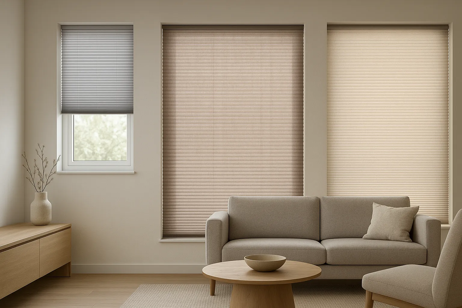 Plissee Textur und Faltentiefe – Wabenplissee, Lichtbrechung und Fensterdekoration in ruhigen Farbtönen Plissee am Fenster mit schmaler und breiter Faltentiefe, Wabenplissee mit verdeckten Schnüren, dezente Textur und Muster, ruhige Farbtöne, Lichtbrechung, Fensterdekoration, thermische Performance