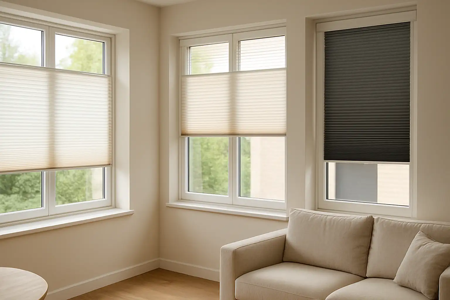 Plissee Design Ton-in-Ton mit neutraler Palette, klare Linien und Proportionen, Top-Down/Bottom-Up Lichtlenkung Plissee am Fenster in modernem Interieur, Ton-in-Ton mit Wand und Rahmen, neutrale Farbpalette, klare Linienführung, stimmige Proportionen, feine Faltentiefe, schmale Profile, verdeckte Schnüre, Top-Down/Bottom-Up zur gezielten Lichtlenkung, ruhige Raumwirkung