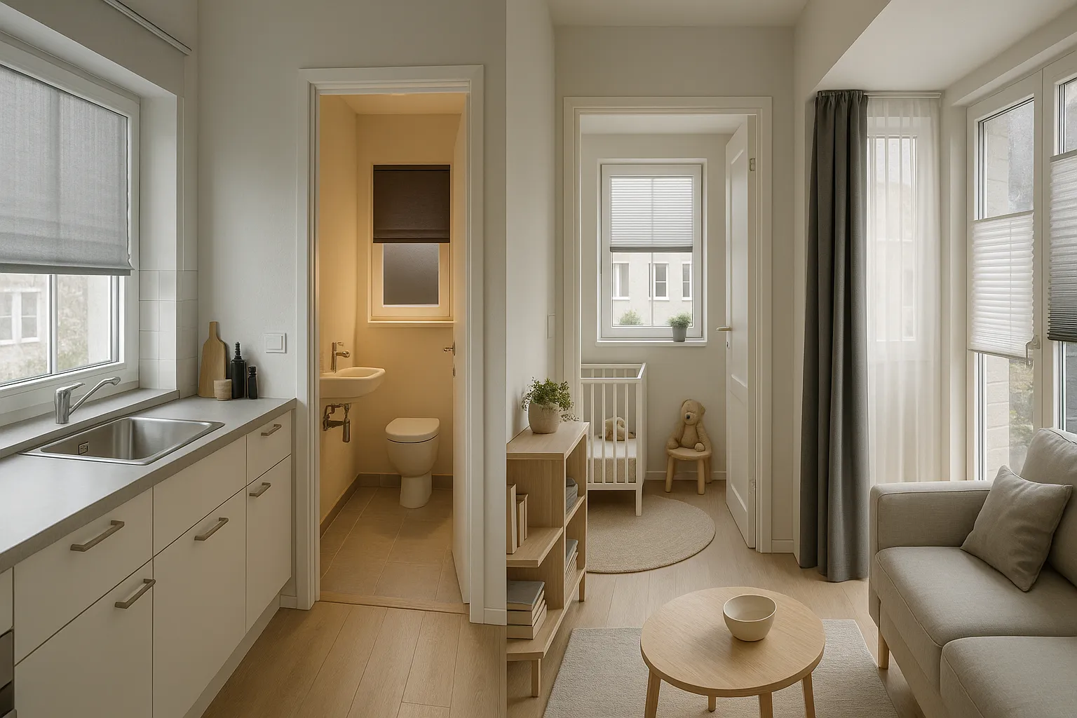 Stoffarten und Lichtdurchlässigkeit in Küche, Bad, Kinderzimmer und Mietwohnung – Halbtransparent, Dim-out, Blackout und Plissee für Tageslicht und Sichtschutz Wohnung mit verschiedenen Stoffarten und Lichtdurchlässigkeit: halbtransparente beschichtete Synthetikgewebe in der Küche, Dim-out im Bad, Blackout mit zweitem halbtransparenten Stoff im Kinderzimmer, verspannte Plissees in der Mietwohnung; Tageslicht, Sichtschutz, Privatsphäre, feuchtebeständig und leicht zu reinigen, Ergänzung bei starker Straßenbeleuchtung und Südwestausrichtung