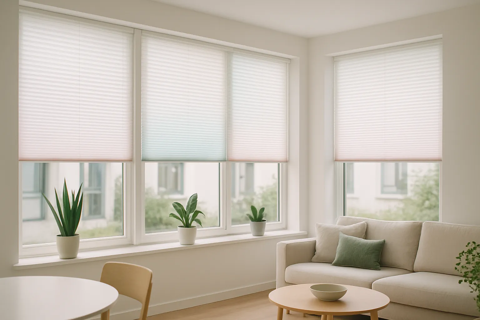 Transparente Plissees und Lichtdurchlässigkeit im Wohnraum mit Pflanzen und sichtbaren Texturen Transparente Plissees, lichtdurchlässige Stoffe am Fenster, Tageslicht, offene Raumwirkung, sichtbare Texturen, Pflanzen auf der Fensterbank, Blick in den Innenhof, helle Weiß- und Pastelltöne